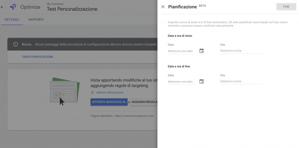 Google Optimize Personalization Pianificazione